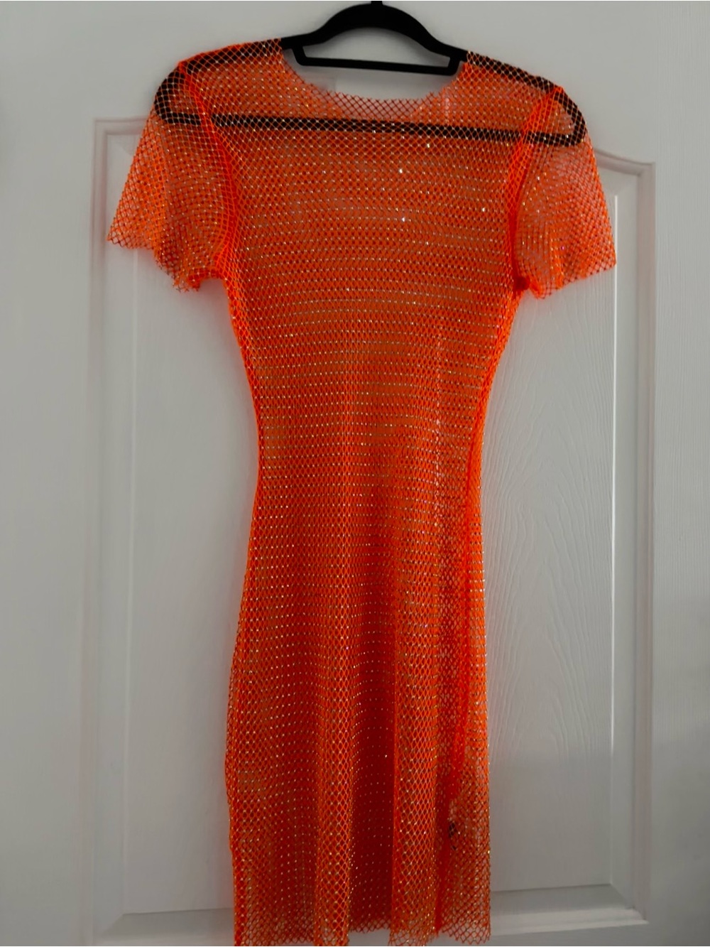 Orange Mesh BLING rhinestone embellished Short Sleeve Dress - sz small Unbranded